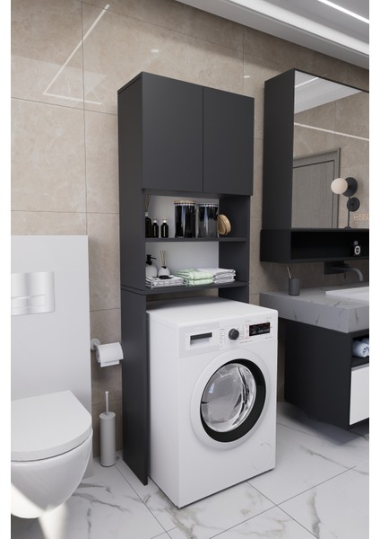 Luka Çamaşır Makinesi Üstü Çok Amaçlı Banyo Dolabı Kapaklı ve Raflı, Depolama Alanı, Modern Antrasit fırsatları