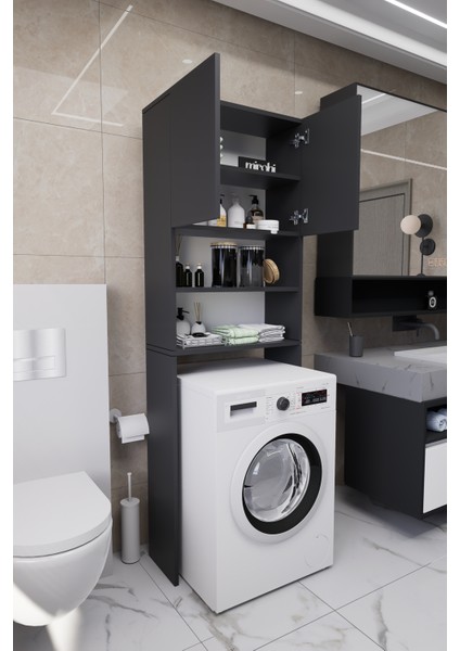 Luka Çamaşır Makinesi Üstü Çok Amaçlı Banyo Dolabı Kapaklı ve Raflı, Depolama Alanı, Modern Antrasit indirimleri