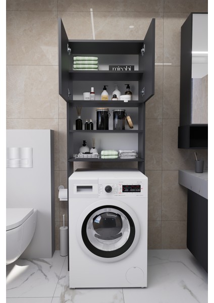 Luka Çamaşır Makinesi Üstü Çok Amaçlı Banyo Dolabı Kapaklı ve Raflı, Depolama Alanı, Modern Antrasit