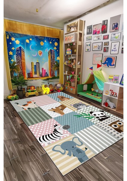 Dekoratif Yıkanabilir, Kaymaz Tabanlı, Modern Çocuk Odası Halısı - FR176