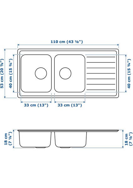 Çift Gözlü Damlalıklı Eviye, Paslanmaz Çelik, 110X53 cm fırsatları