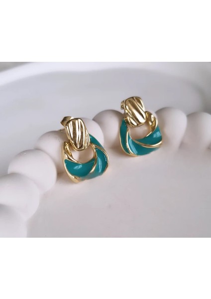 Premium Paslanmaz Çelik Yeşil Mineli Gold Küpe