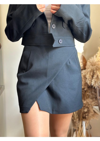 Kadın Lacivert Crop Ceket Mini Etek Takım indirimleri