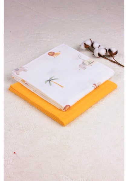 ® Müslin Örtü Bebek 2'li Set Safari Desen - Hardal Renk 2 Katlı %100 Organik Pamuk 110X110 cm Unisex