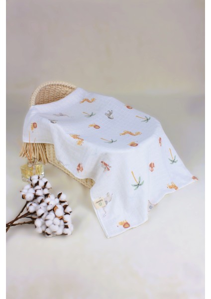 ® Müslin Örtü Bebek 2'li Set Safari Desen - Hardal Renk 2 Katlı %100 Organik Pamuk 110X110 cm Unisex fiyatları