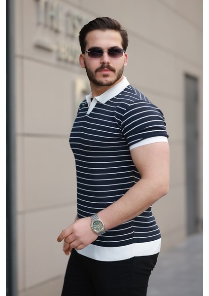 Erkek Kısa Kollu Çizgi Desenli Örme Kumaş Tshirt