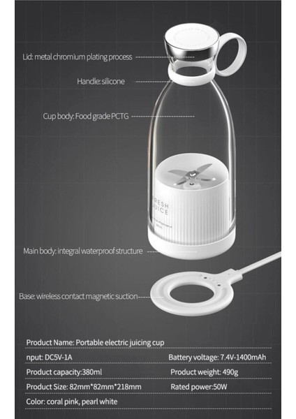 Taşınabilir 350 ml Mini Meyve Karıştırıcı ve Smoothie Blender, Beyaz