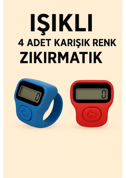 Hediyelik Işıklı Zikirmatik – 4 Adet Karışık Renk Kutulu Dijital Yüzük Tesbih Sayaç
