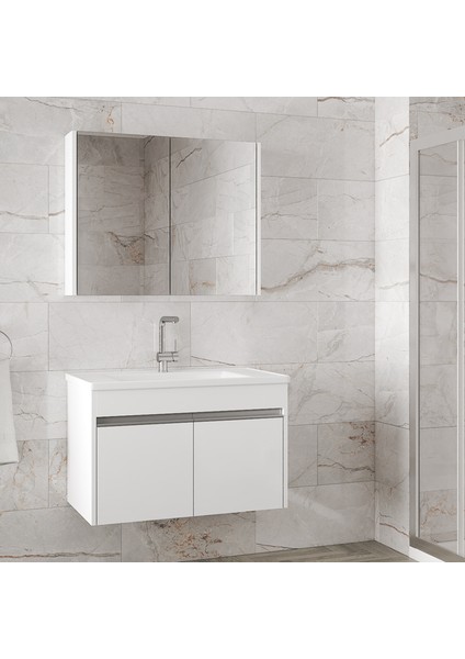 Visente-Ea Beyaz 80 cm Mdf-Aynalı-Lavabolu Banyo Dolabı Takımı-Hazır Kurulu