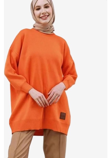Kadın Düz Balon Kol Salaş Triko Tunik Standart Oranj