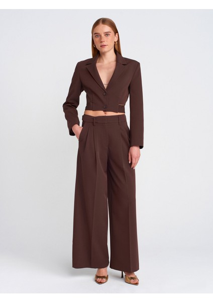 Kadın Yüksek Bel Ayarlanabilir Palazzo Kumaş Pantolon Kahverengi