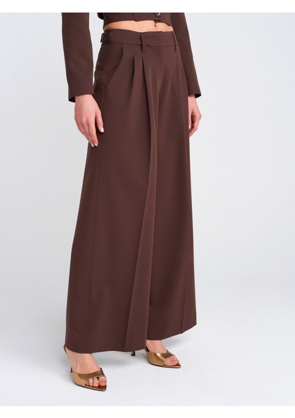 Kadın Yüksek Bel Ayarlanabilir Palazzo Kumaş Pantolon Kahverengi modelleri