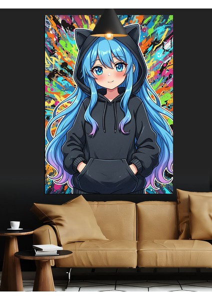 Mavi Saçlı Anime Kız Dekoratif Kanvas - Mdf Ahşap Tablo