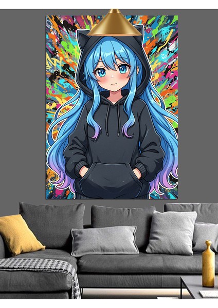 Mavi Saçlı Anime Kız Dekoratif Kanvas - Mdf Ahşap Tablo fiyatları
