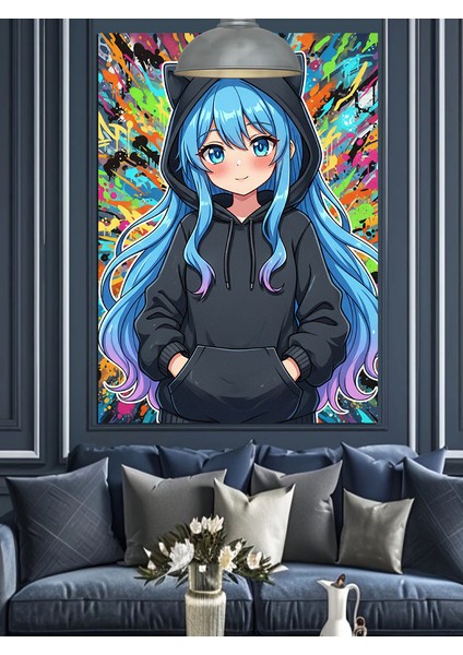 Mavi Saçlı Anime Kız Dekoratif Kanvas - Mdf Ahşap Tablo modelleri