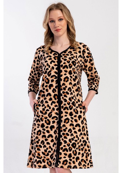 Kadın Büyük Beden Kapri Kollu Leopar Desenli Fermuarlı Ev Elbisesi C1T0N3305