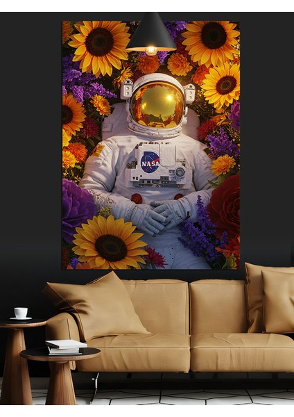 Çiçekler Arasında Astronot Çizimi Dekoratif Kanvas - Mdf Ahşap Tablo