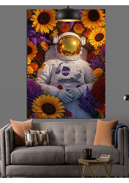 Çiçekler Arasında Astronot Çizimi Dekoratif Kanvas - Mdf Ahşap Tablo fırsatları