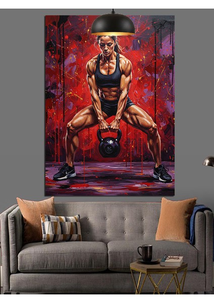 Kettlebell Kaldıran Kadın Sporcu Dekoratif Kanvas - Mdf Ahşap Tablo
