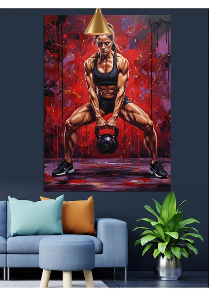 Kettlebell Kaldıran Kadın Sporcu Dekoratif Kanvas - Mdf Ahşap Tablo fiyatları