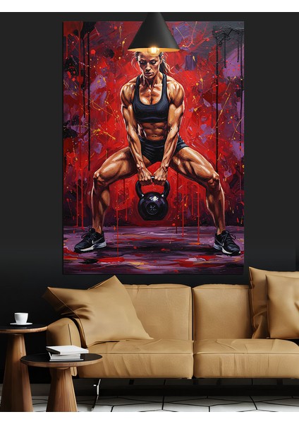 Kettlebell Kaldıran Kadın Sporcu Dekoratif Kanvas - Mdf Ahşap Tablo modelleri