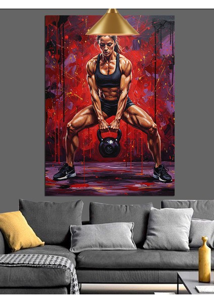 Kettlebell Kaldıran Kadın Sporcu Dekoratif Kanvas - Mdf Ahşap Tablo fırsatları
