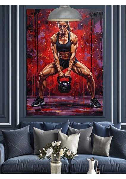 Kettlebell Kaldıran Kadın Sporcu Dekoratif Kanvas - Mdf Ahşap Tablo indirimleri