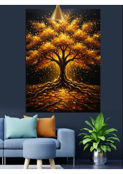 Altın Işıklı Ağaç Tablosu Dekoratif Kanvas - Mdf Ahşap Tablo