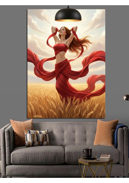 Kırmızı Elbiseli Kadın Dekoratif Kanvas - Mdf Ahşap Tablo