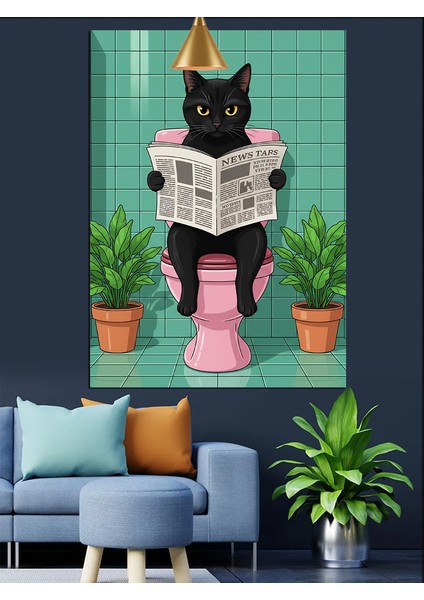 Tuvalette Gazete Okuyan Kedi Dekoratif Kanvas - Mdf Ahşap Tablo