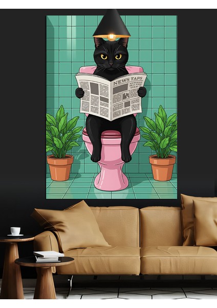 Tuvalette Gazete Okuyan Kedi Dekoratif Kanvas - Mdf Ahşap Tablo fiyatları