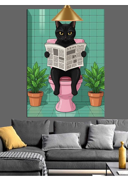 Tuvalette Gazete Okuyan Kedi Dekoratif Kanvas - Mdf Ahşap Tablo modelleri