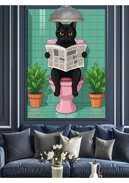Tuvalette Gazete Okuyan Kedi Dekoratif Kanvas - Mdf Ahşap Tablo fırsatları
