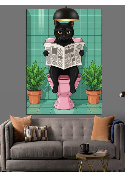 Tuvalette Gazete Okuyan Kedi Dekoratif Kanvas - Mdf Ahşap Tablo indirimleri