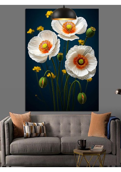 Beyaz Gelincik Çiçekleri Dekoratif Kanvas - Mdf Ahşap Tablo