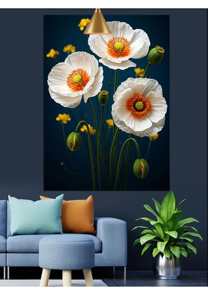 Beyaz Gelincik Çiçekleri Dekoratif Kanvas - Mdf Ahşap Tablo fiyatları