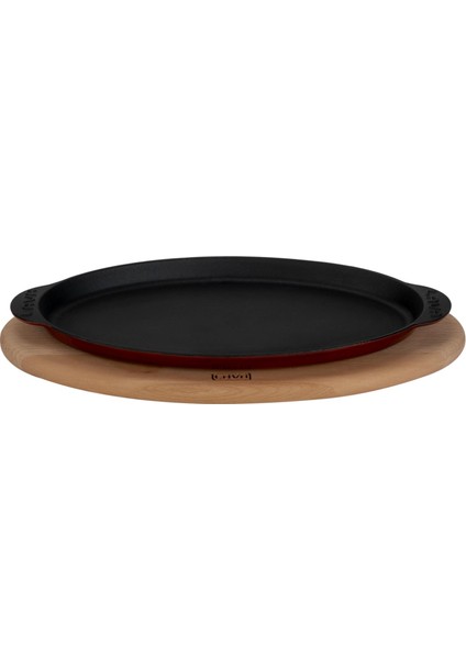 Döküm Balık Tabağı Döküm Demir Yekpare Kulplu Kayın Servis Ahşabı 15X29CM.-BORDO