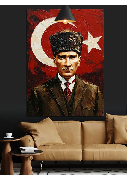 Atatürk Portresi Türk Bayrağıyla Dekoratif Kanvas - Mdf Ahşap Tablo