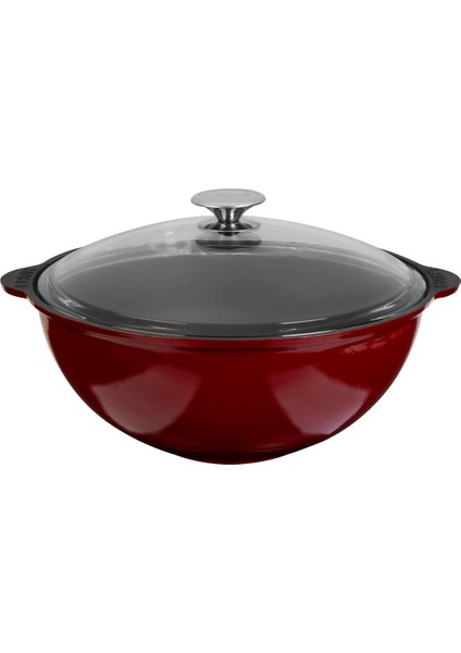 Döküm Yuvarlak Cam Kapaklı Özbek Kazanı / Tencere. Döküm Demir Yekpare Kulplu Çap(Ø)30 Cm.-Bordo