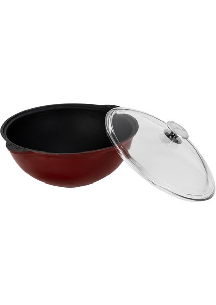 Döküm Yuvarlak Cam Kapaklı Özbek Kazanı / Tencere. Döküm Demir Yekpare Kulplu Çap(Ø)30 Cm.-Bordo fiyatları