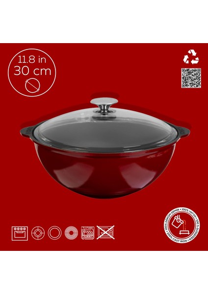 Döküm Yuvarlak Cam Kapaklı Özbek Kazanı / Tencere. Döküm Demir Yekpare Kulplu Çap(Ø)30 Cm.-Bordo fırsatları