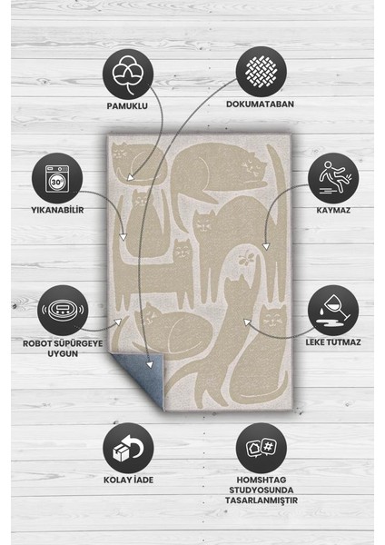 Krem Bej Kedi Desenli Dokuma Pamuk Tabanlı Yıkanabilir Çocuk ve Oturma Odası Halısı modelleri