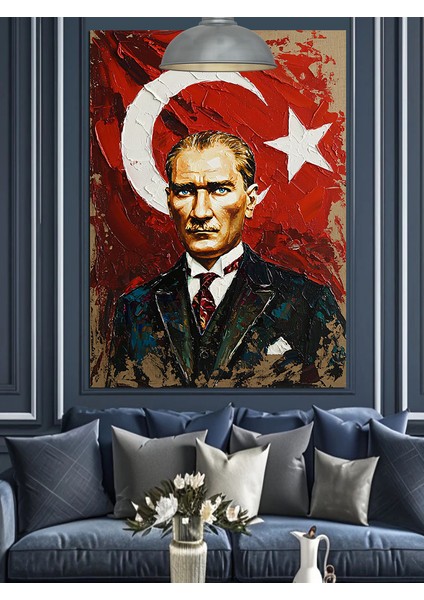 Türk Bayrağı Önünde Atatürk Portresi Dekoratif Kanvas - Mdf Ahşap Tablo fırsatları