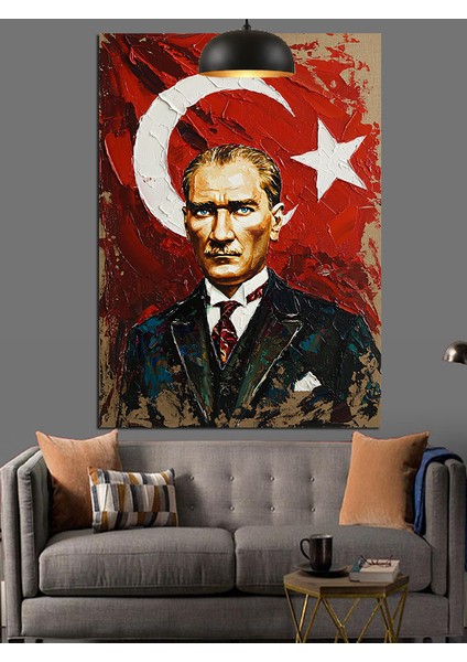Türk Bayrağı Önünde Atatürk Portresi Dekoratif Kanvas - Mdf Ahşap Tablo indirimleri