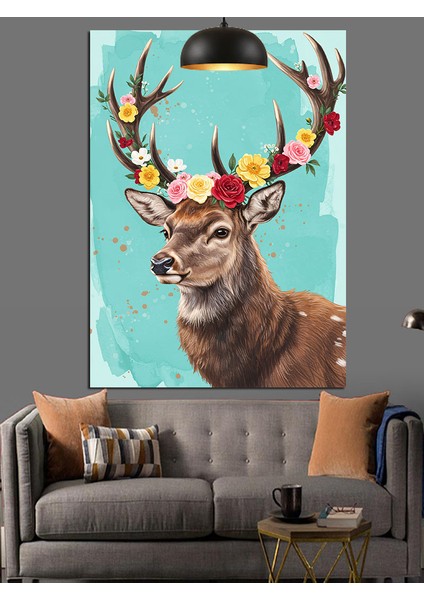 Çiçekli Geyik Boynuzu Dekoratif Kanvas - Mdf Ahşap Tablo