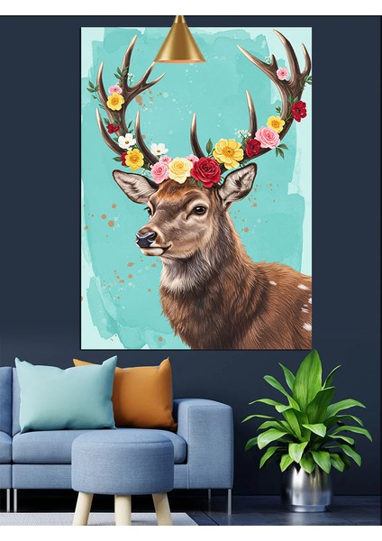 Çiçekli Geyik Boynuzu Dekoratif Kanvas - Mdf Ahşap Tablo fiyatları