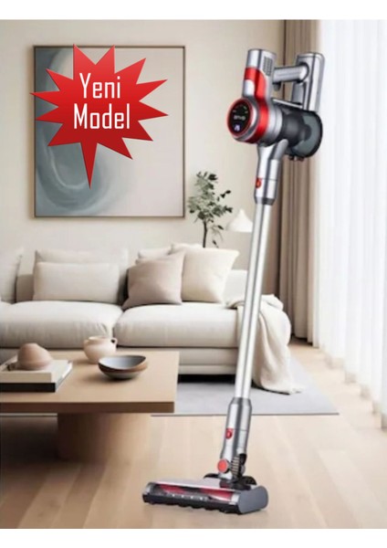 Kırmızı Renkli Şarjlı Dikey Süpürge, Güçlü ve Hafif Temizlik Aracı