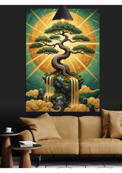 Altın Hale Bonsai Ağacı Dekoratif Kanvas - Mdf Ahşap Tablo