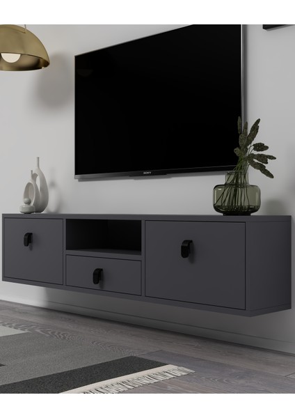 1309DROPCT-1 Duvara Montaj Tv Sehpası Antrasit-Siyah Kulp