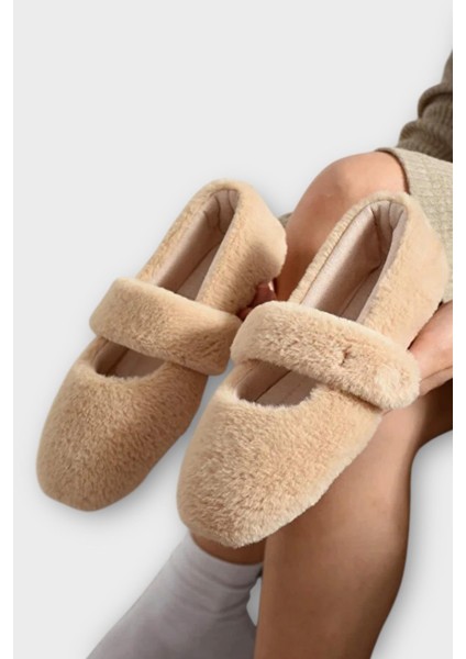 Tüylü Tek Kemer Cırtlı Panduf Kadın Ev Babeti Bej